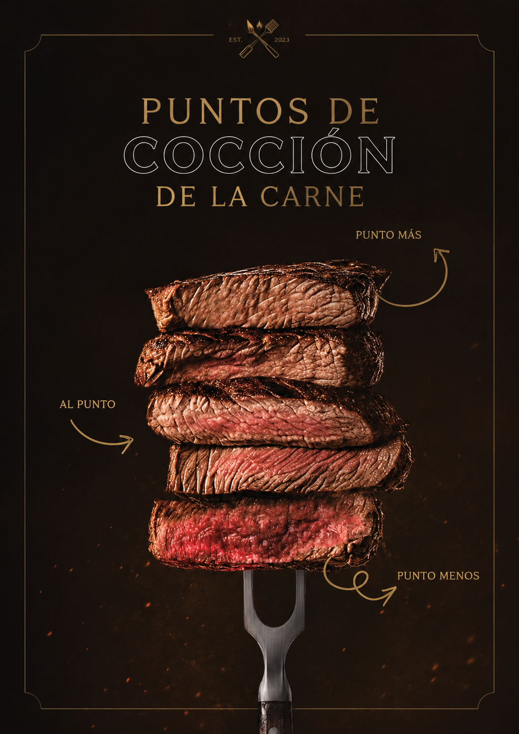 Guía de puntos de cocción de la carne: Punto más (más cocido), Al punto (cocción media), Punto menos (más jugoso)